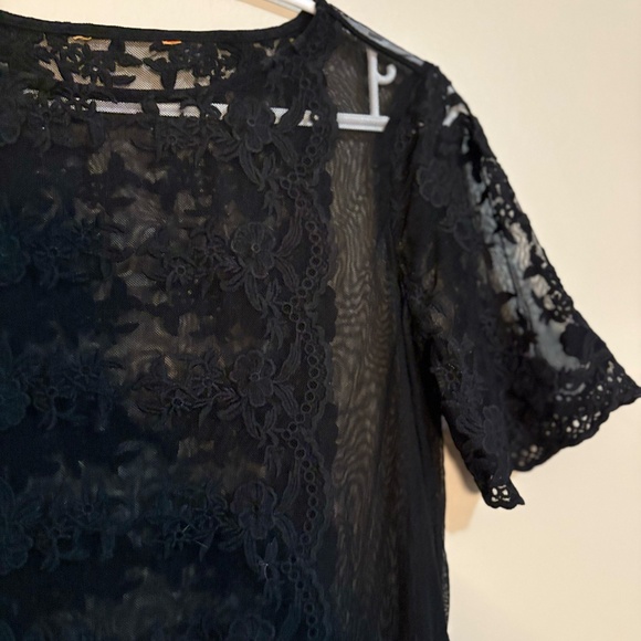 Black Mesh Tee with Lace Overlay and Scalloped Edges - Picture 6 of 13